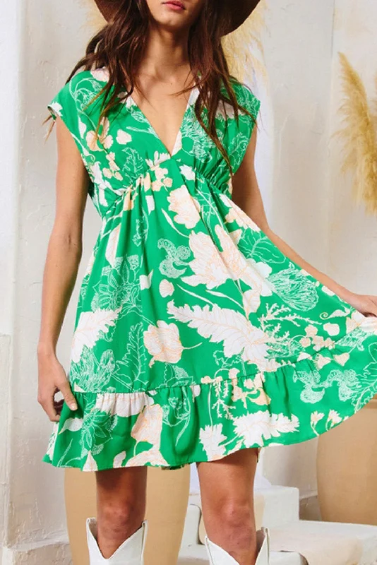 Green Floral Sleeveless V Neck Ruffled Hem Mini Dress Comfortable Off-Shoulder Mini Dress