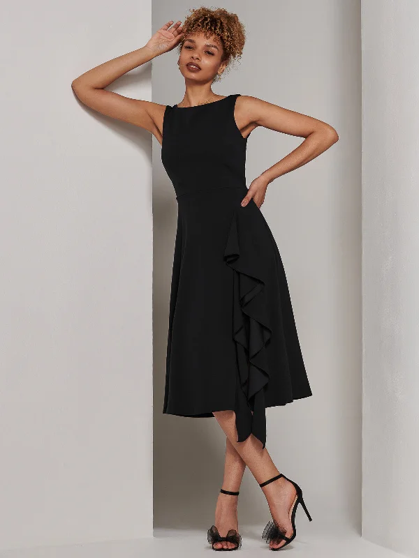 Haylen Frill Detail Midi Dress, Black Fashionable One-Shoulder Midi Dress