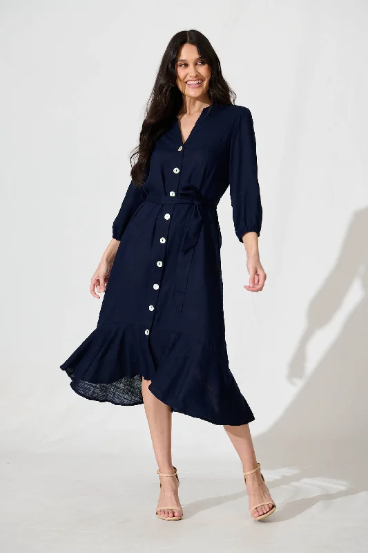 Heartland Midi Dress In Navy Linen Blend Fashionable Shift Midi Dress