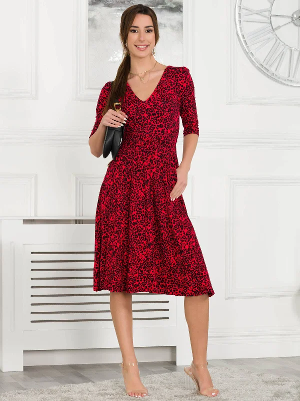 Jolie Moi Delylah V Neck Midi Dress, Red Animal Trendy Fit-and-Flare Midi Dress