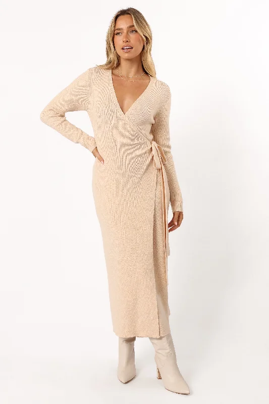 Kellan Wrap Midi Dress - Beige Chic Lace Detail Midi Dress