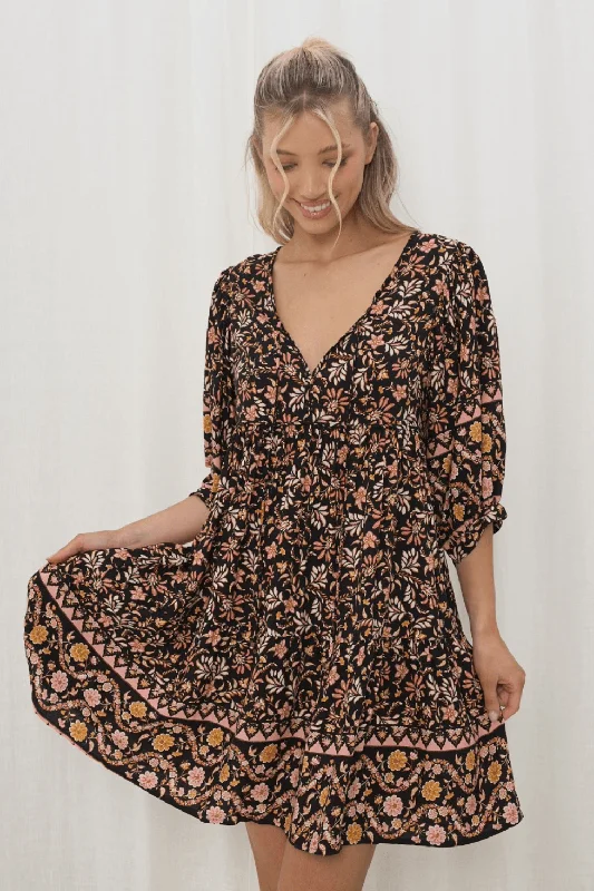 Klara Mini Dress - Black Floral Elegant Satin Mini Dress