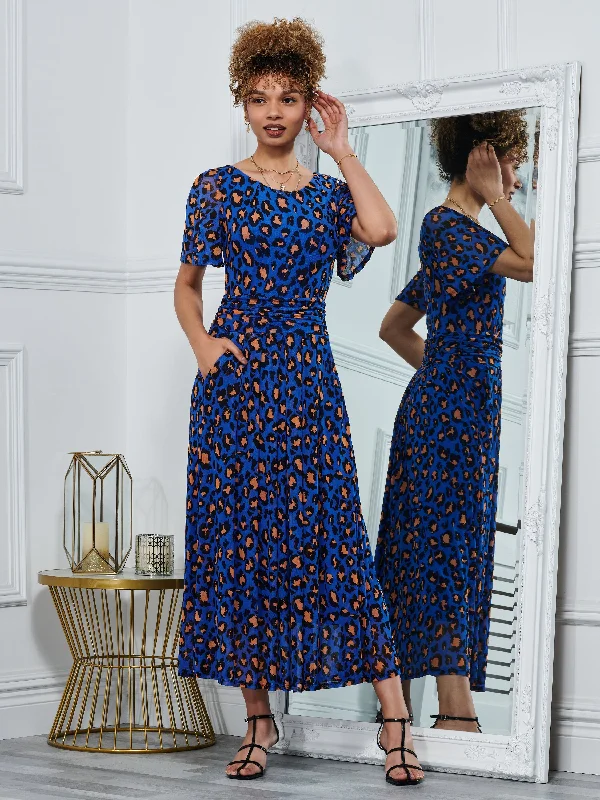 Leopard Mesh Midi Dress, Blue Animal Comfortable Ruched Midi Dress