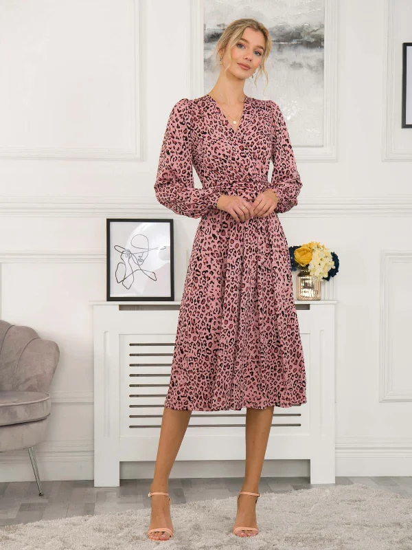 Libby Long Sleeve Midi Dress, Pink Animal Fashionable High-Neck Midi Dress