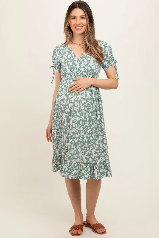 Light Olive Floral Wrap Maternity Midi Dress Stylish Halter Neck Midi Dress