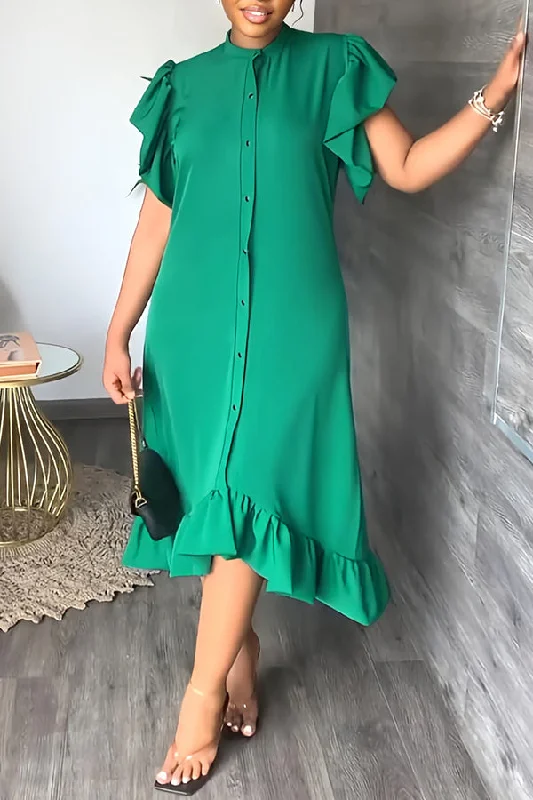 Ruffle Solid Color Casual Midi Dress Comfortable Denim Midi Dress