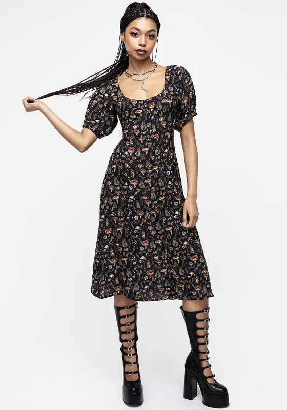 Luthien Puff Sleeve Midi Dress Fashionable Pleated Midi Dress