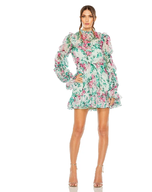 Mac Duggal 56008 Floral Long Sleeve Cocktail Mini Dress Elegant Floral-Print Mini Dress Mac Duggal 56008 Floral Long Sleeve Cocktail Mini Dress Elegant Floral-Print Mini Dress