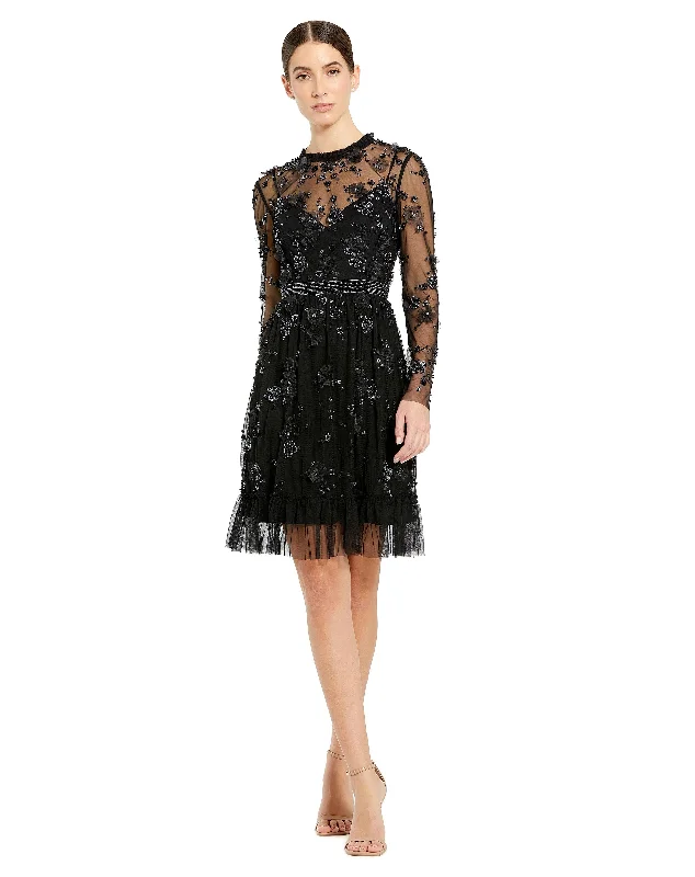 Mac Duggal 9140 Short Cocktail Long Sleeve Beaded Mini Dress Trendy Off-Shoulder Dress Mini Mac Duggal 9140 Short Cocktail Long Sleeve Beaded Mini Dress Trendy Off-Shoulder Dress Mini
