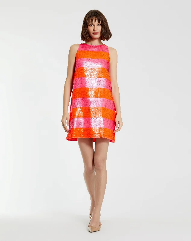 Mac Duggal 94093 Short Sequin Stripped Cocktail Mini Dress Fashionable Mini Dress with Pockets Mac Duggal 94093 Short Sequin Stripped Cocktail Mini Dress Fashionable Mini Dress with Pockets