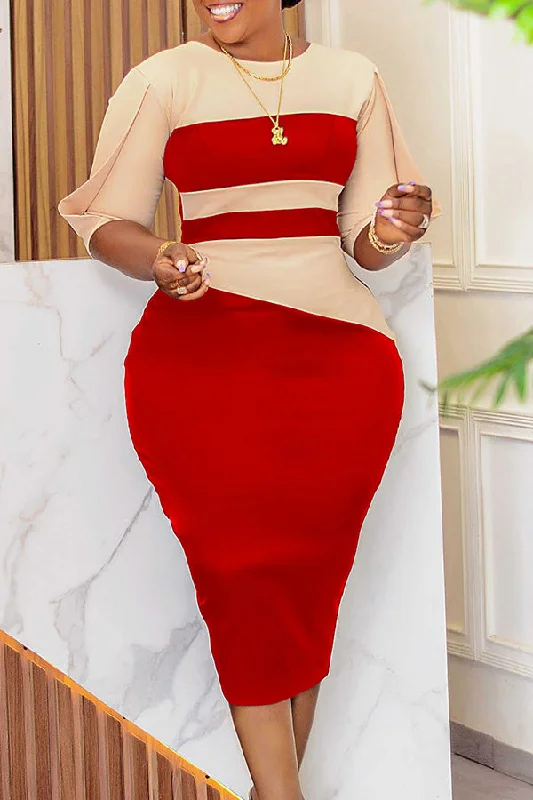 Round Neck Colorblock Midi Dress Stylish Wraparound Midi Dress