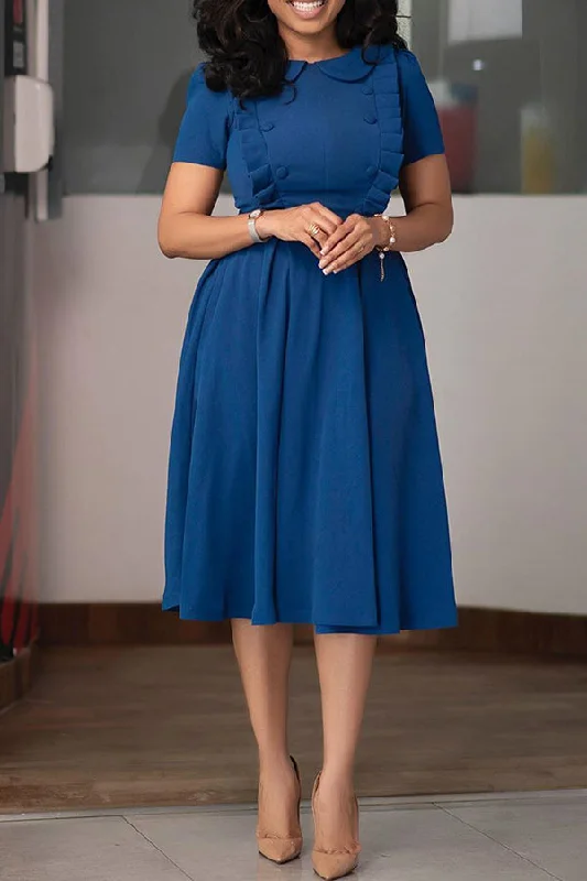 Doll Collar Pleated Midi Dress Cozy A-Line Midi Dress