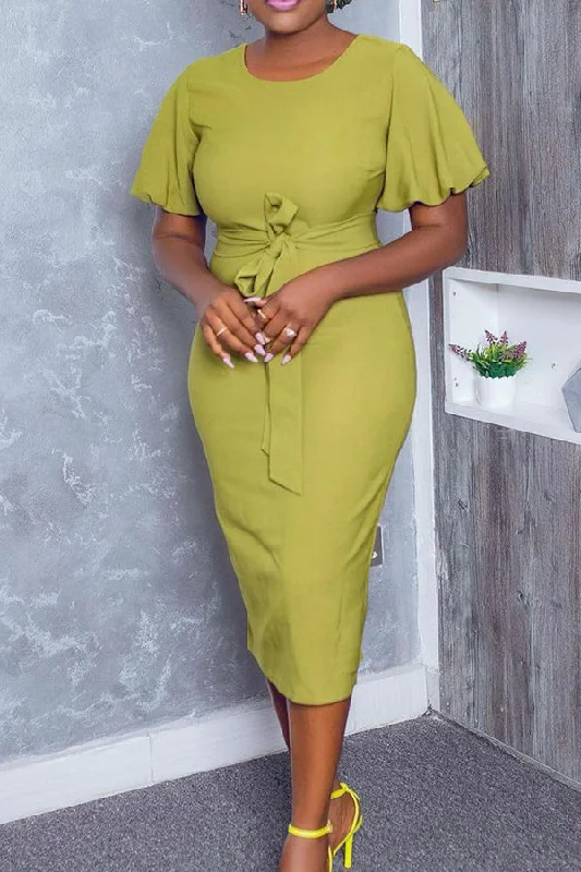 Puff Sleeve Tie Bodycon Midi Dress Trendy Smocked Detail Midi Dress