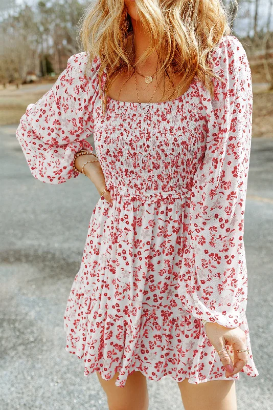 Mineral Red Boho Floral Smocked Puff Sleeve Mini Dress Casual Mini Dress with Pockets Mineral Red Boho Floral Smocked Puff Sleeve Mini Dress Casual Mini Dress with Pockets