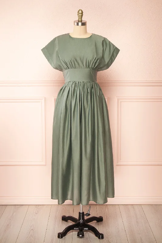 Miriel | Sage Midi Dress w/ Short Sleeves Elegant Satin Midi Dress