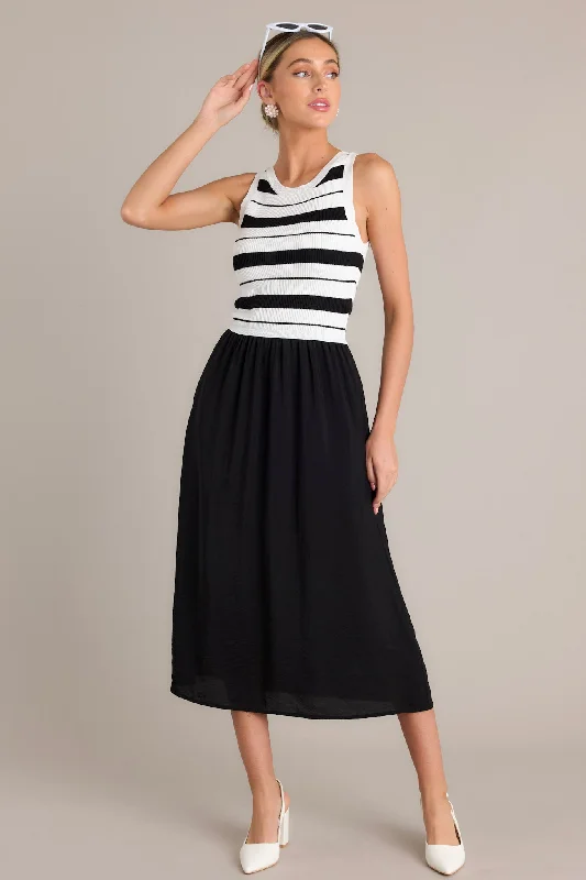 Monochrome Moments Black Stripe Midi Dress Chic Lace Detail Midi Dress