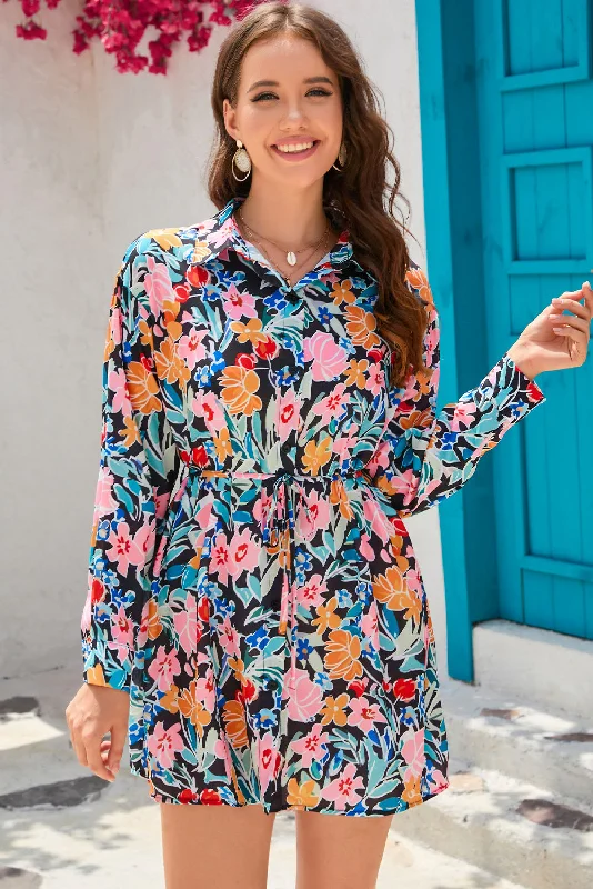 Multicolor Floral Buttoned Collared Long Sleeve Mini Dress Comfortable Ruffle Mini Dress Multicolor Floral Buttoned Collared Long Sleeve Mini Dress Comfortable Ruffle Mini Dress