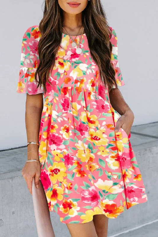 Multicolour Floral Ruffled Sleeve Pocketed Flared Mini Dress Stylish Ruffle Mini Dress Multicolour Floral Ruffled Sleeve Pocketed Flared Mini Dress Stylish Ruffle Mini Dress