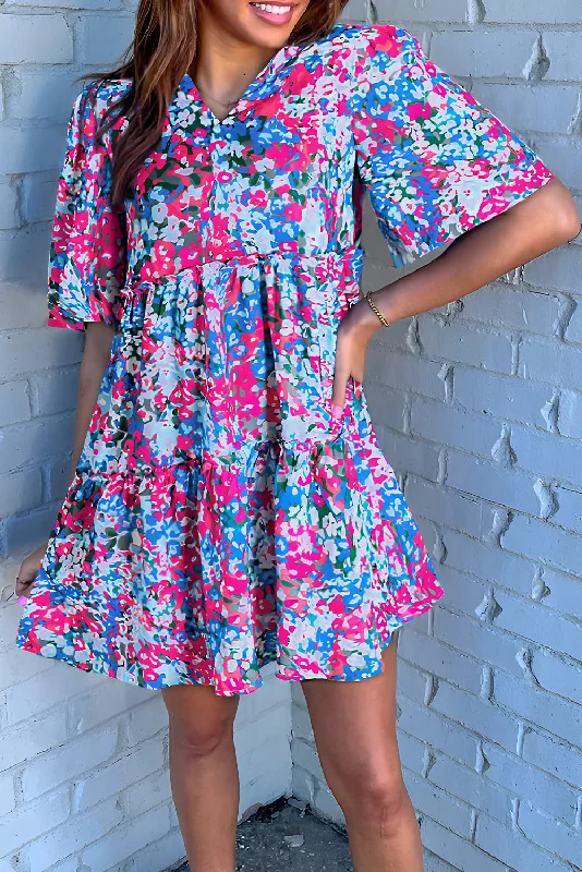 Multicolour Floral Short Sleeve V Neck Tiered Mini Dress Comfortable One-Shoulder Mini Dress Multicolour Floral Short Sleeve V Neck Tiered Mini Dress Comfortable One-Shoulder Mini Dress