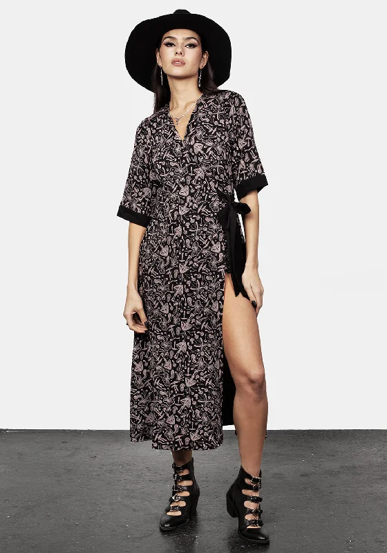 Mycophile Mushroom Print Wrap Midi Dress Comfortable Empire Waist Midi Dress