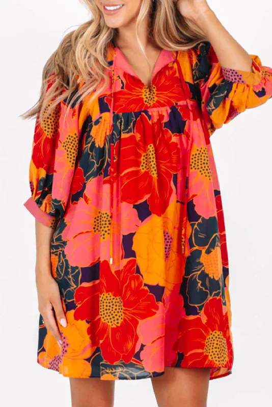 Orange Floral Print 3/4 Sleeve Babydoll Mini Dress Stylish Plaid Mini Dress