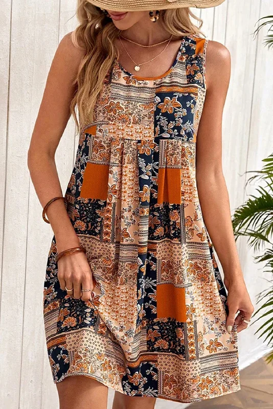 Orange Retro Floral Patchwork Print Sleeveless Mini Dress Fashionable Summer Mini Dress Orange Retro Floral Patchwork Print Sleeveless Mini Dress Fashionable Summer Mini Dress