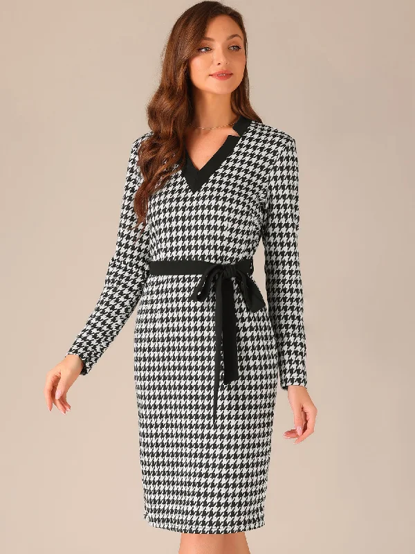 Houndstooth V Neck Belted Long Sleeve Bodycon Midi Dress Chic Bohemian Midi Dress