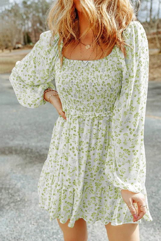 Pear Green Boho Floral Smocked Puff Sleeve Mini Dress Elegant Mini Dress with Ruffles Pear Green Boho Floral Smocked Puff Sleeve Mini Dress Elegant Mini Dress with Ruffles