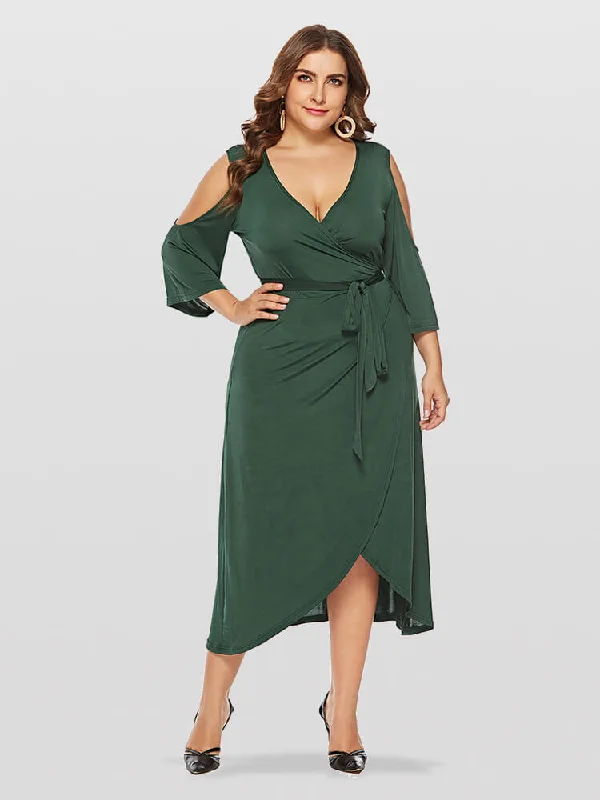 Plus Green V-Neck Cold Shoulder Wrap Ditsy Midi Dress Fashionable Floral Embroidery Midi Dress Plus Green V-Neck Cold Shoulder Wrap Ditsy Midi Dress Fashionable Floral Embroidery Midi Dress