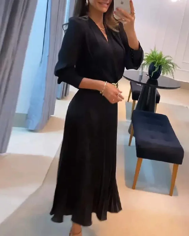 PUFF SLEEVE PLEATED SATIN MIDI DRESS Elegant Lace Trim Midi Dress