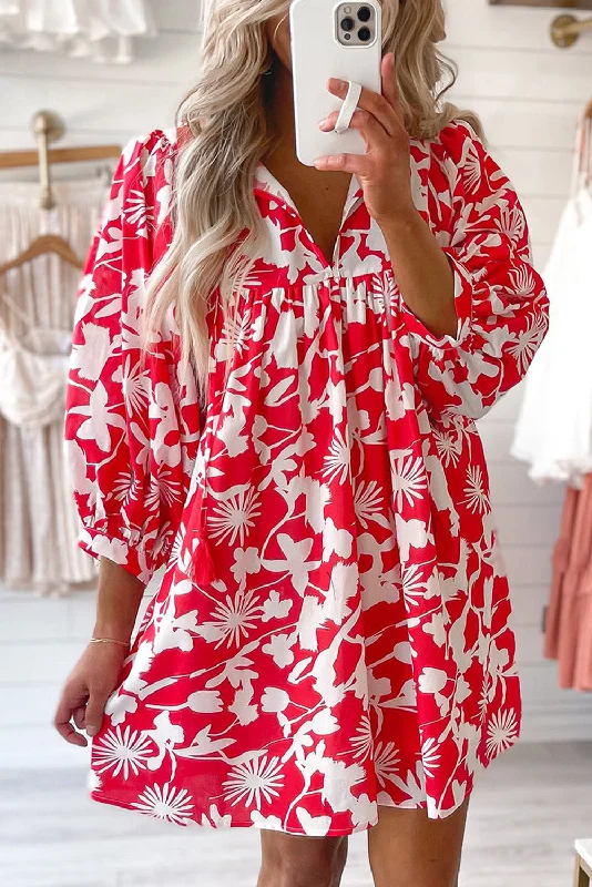 Red Floral Print Puff Sleeve Split Neck Babydoll Mini Dress Chic Puff Sleeve Mini Dress Red Floral Print Puff Sleeve Split Neck Babydoll Mini Dress Chic Puff Sleeve Mini Dress