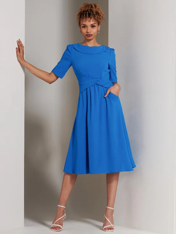 Sharon Collar Midi Dress, Blue Comfortable Deep V Midi Dress