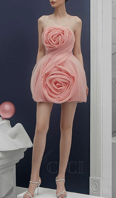 STRAPLESS 3D FLOWER MINI DRESS IN PINK Trendy Tulle Mini Dress