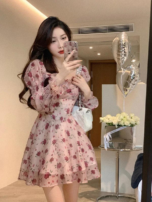 Vintage Sweet Korean Fashion Floral Bodycon Mini Dress for Women Party Beach Long Sleeve Casual Dresses Elegant Summer Pink Cozy Ruched Mini Dress Vintage Sweet Korean Fashion Floral Bodycon Mini Dress for Women Party Beach Long Sleeve Casual Dresses Elegant Summer Pink Cozy Ruched Mini Dress