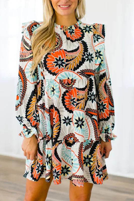White Printed Boho Paisley Floral Print Puff Sleeve Mini Dress Fashionable Mini Dress with Pockets White Printed Boho Paisley Floral Print Puff Sleeve Mini Dress Fashionable Mini Dress with Pockets