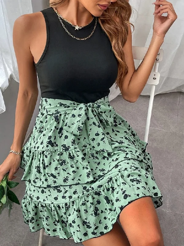 Women Floral Ruffled Layer Sleeveless Mini Dress Casual Tie Waist Short Tank Dress Beach A Line hort Dress with Belt Summer Fashionable Lace-Trim Mini Dress Women Floral Ruffled Layer Sleeveless Mini Dress Casual Tie Waist Short Tank Dress Beach A Line hort Dress with Belt Summer Fashionable Lace-Trim Mini Dress