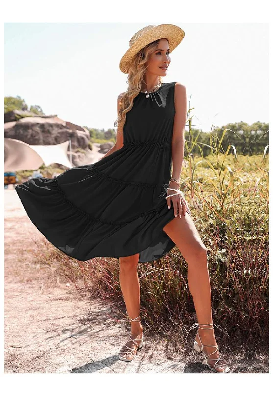 Women Midi Dress Sleeveless Swing Dresses Solid Color Boho Baggy Casual Crew Neck Elegant Floral Midi Dress