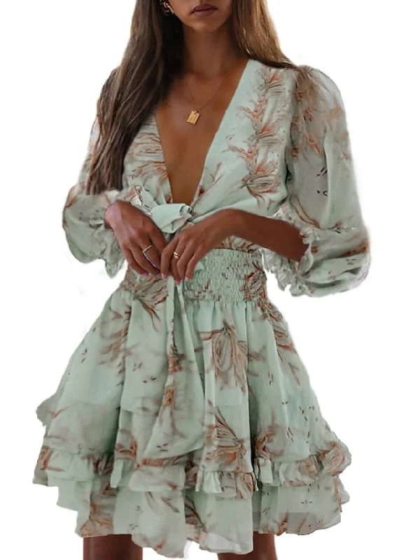 Women's Casual Dress Chiffon Dress A Line Dress Mini Dress Pink Green Gray Long Sleeve Floral Print Summer Spring Deep V Vacation S M L XL Trendy Floral Mini Dress Women's Casual Dress Chiffon Dress A Line Dress Mini Dress Pink Green Gray Long Sleeve Floral Print Summer Spring Deep V Vacation S M L XL Trendy Floral Mini Dress