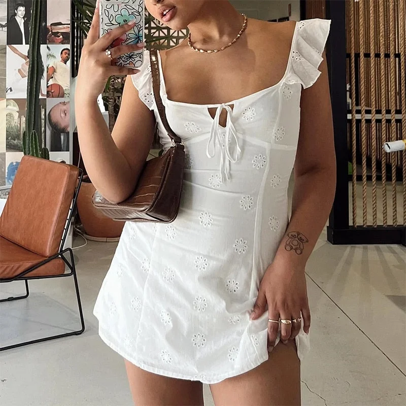 Y2K Floral Pattern White Dress Tie Up Square Collar Ruffles Strap Slim Fit Bodycon Women Vintage Backless Mini Dress Comfortable Casual Mini Dress Y2K Floral Pattern White Dress Tie Up Square Collar Ruffles Strap Slim Fit Bodycon Women Vintage Backless Mini Dress Comfortable Casual Mini Dress