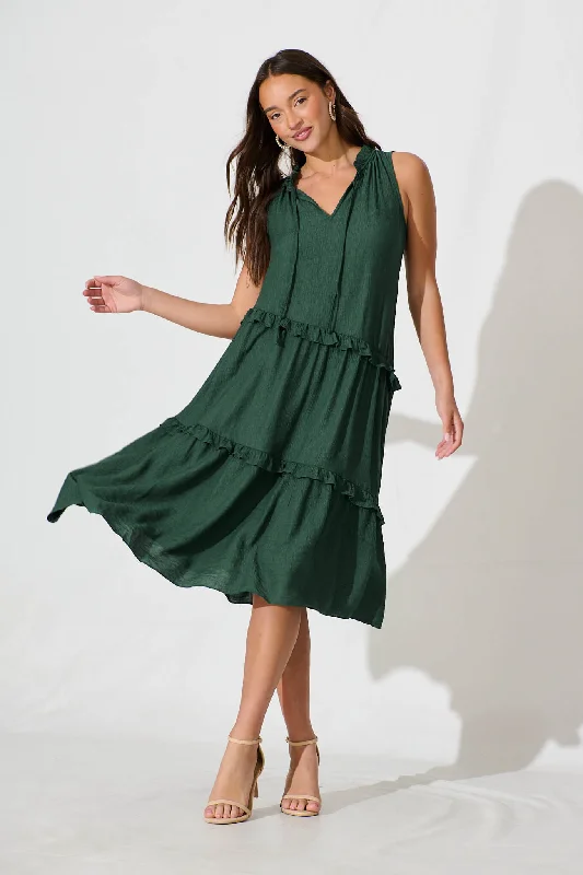 Yelena Midi Dress In Emerald Comfortable Deep V Midi Dress
