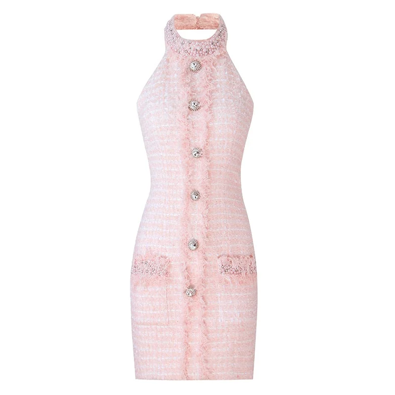 HarleyFashion Women Rhinestone Pink Tweed Backless Dress Tassel Diamonds Buttons Lady Bodycon Mini Dresses Fashionable Lace-Trim Mini Dress HarleyFashion Women Rhinestone Pink Tweed Backless Dress Tassel Diamonds Buttons Lady Bodycon Mini Dresses Fashionable Lace-Trim Mini Dress