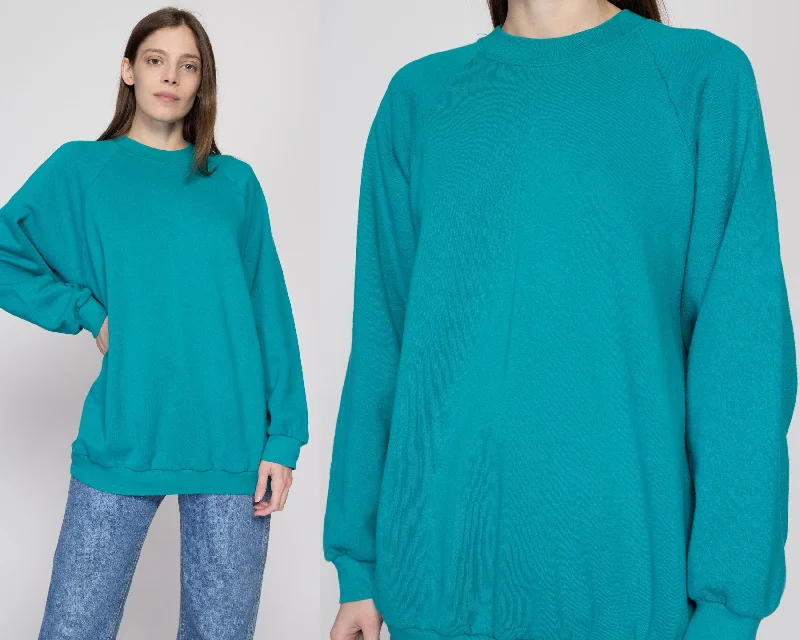 3X 90s Teal Green Crewneck Sweatshirt Hoodie with Hem Applique Textured Unique