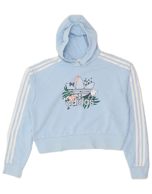 ADIDAS Girls Oversized Crop Graphic Hoodie Jumper 13-14 Years Blue Cotton Hoodie with Hem Drawcord Adjustable Customizable