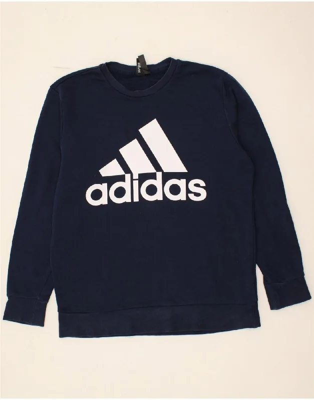 ADIDAS Mens Graphic Sweatshirt Jumper Large Navy Blue Cotton Hoodie with Strings Custom Fit Adjustable