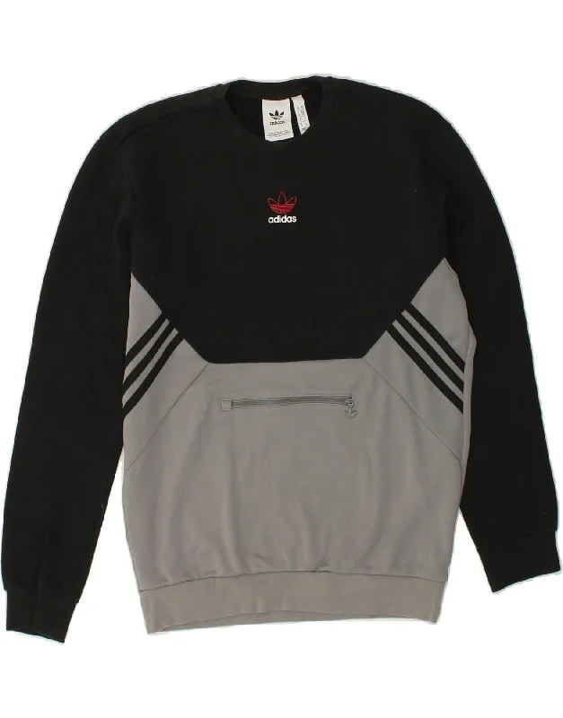 ADIDAS Mens Sweatshirt Jumper Small Black Colourblock Cotton Hoodie with Typography Text Message