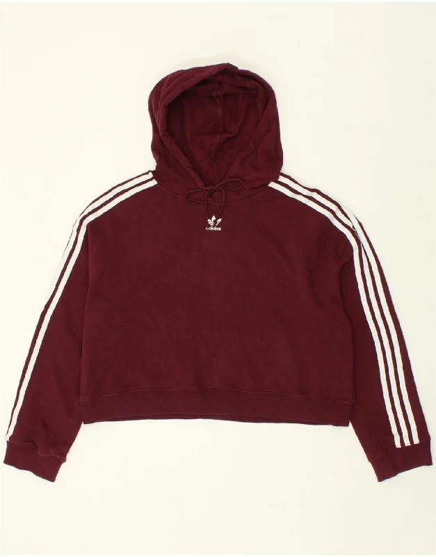 ADIDAS Womens Crop Hoodie Jumper UK 14 Large Burgundy Cotton Hoodie with Pastel Soft Subtle