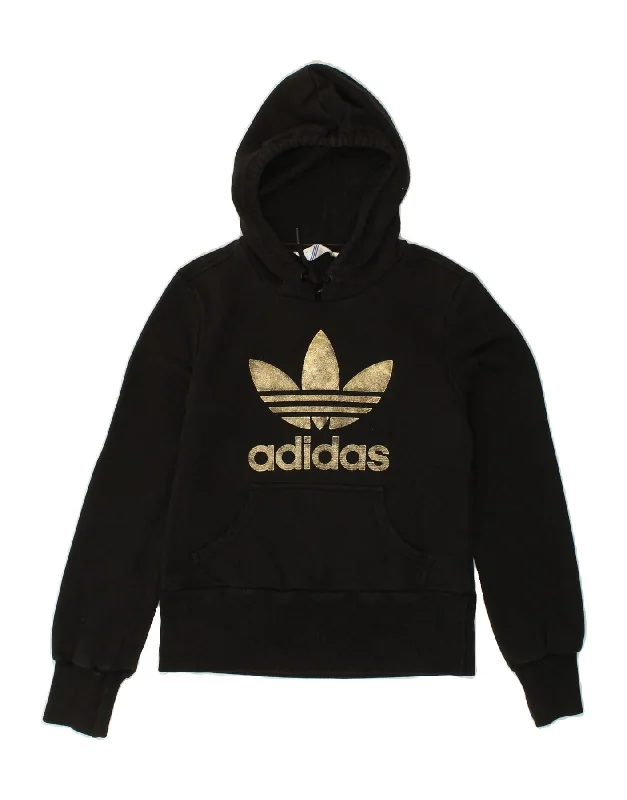 ADIDAS Womens Graphic Hoodie Jumper EU 34 XS Black Cotton Hoodie with Camouflage Military Edgy