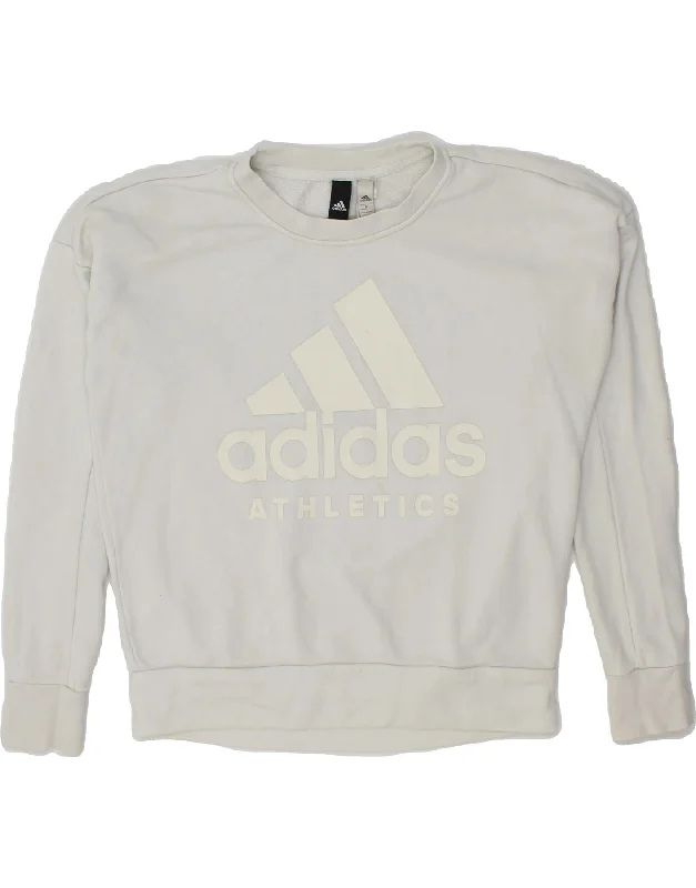 ADIDAS Womens Oversized Graphic Sweatshirt Jumper UK 10 Small Grey Cotton Hoodie with Rhinestones Sparkly Elegant