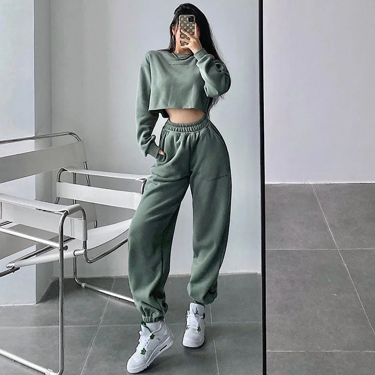 Alice Solid Color Cropped Long Sleeve Sweatshirt High Waist Sweatpants Matching Set Hoodie with Hem Contrast Bold Stylish