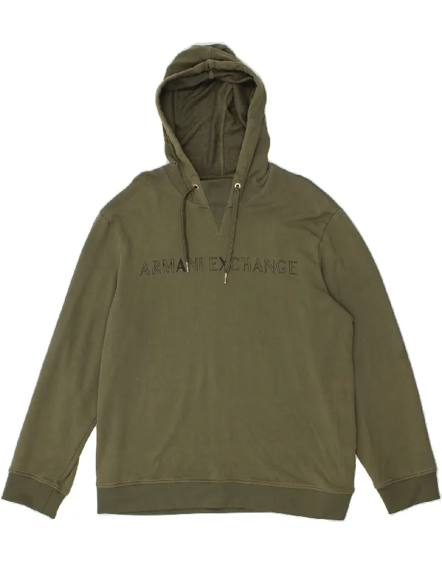 ARMANI EXCHANGE Mens Graphic Hoodie Jumper XL Khaki Hoodie with Hem Lace Feminine Delicate